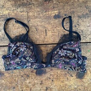 Victoria Secret Floral Lace Bralette XS Black Pink Unlined Bra